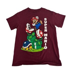 Nintendo Super Mario Graphic T-Shirt Youth Medium Short Sleeve Maroon Burgundy